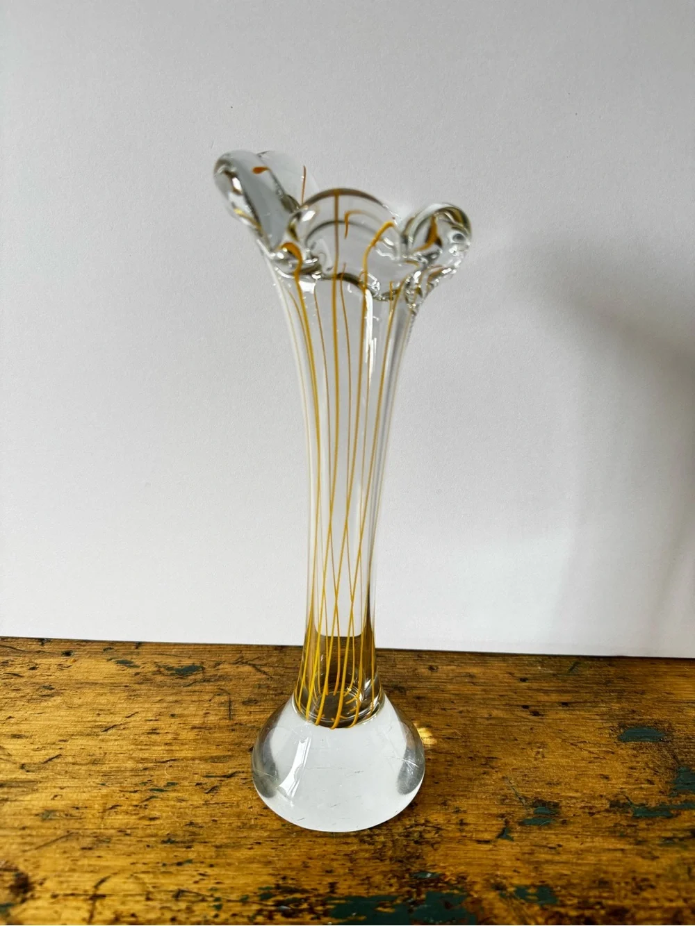 Tall Clear Glass Bud Vase with Yellow Threading - Picture 3 of 7